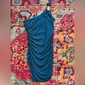 Teal One Shoulder Ruched Bodycon Cocktail Dress Gold Strap Size L
